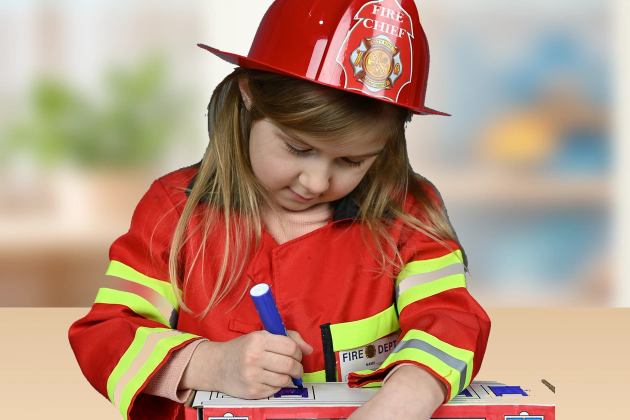 Our daughter coloring her fire station; her original pose and marker preserved in a playroom setting