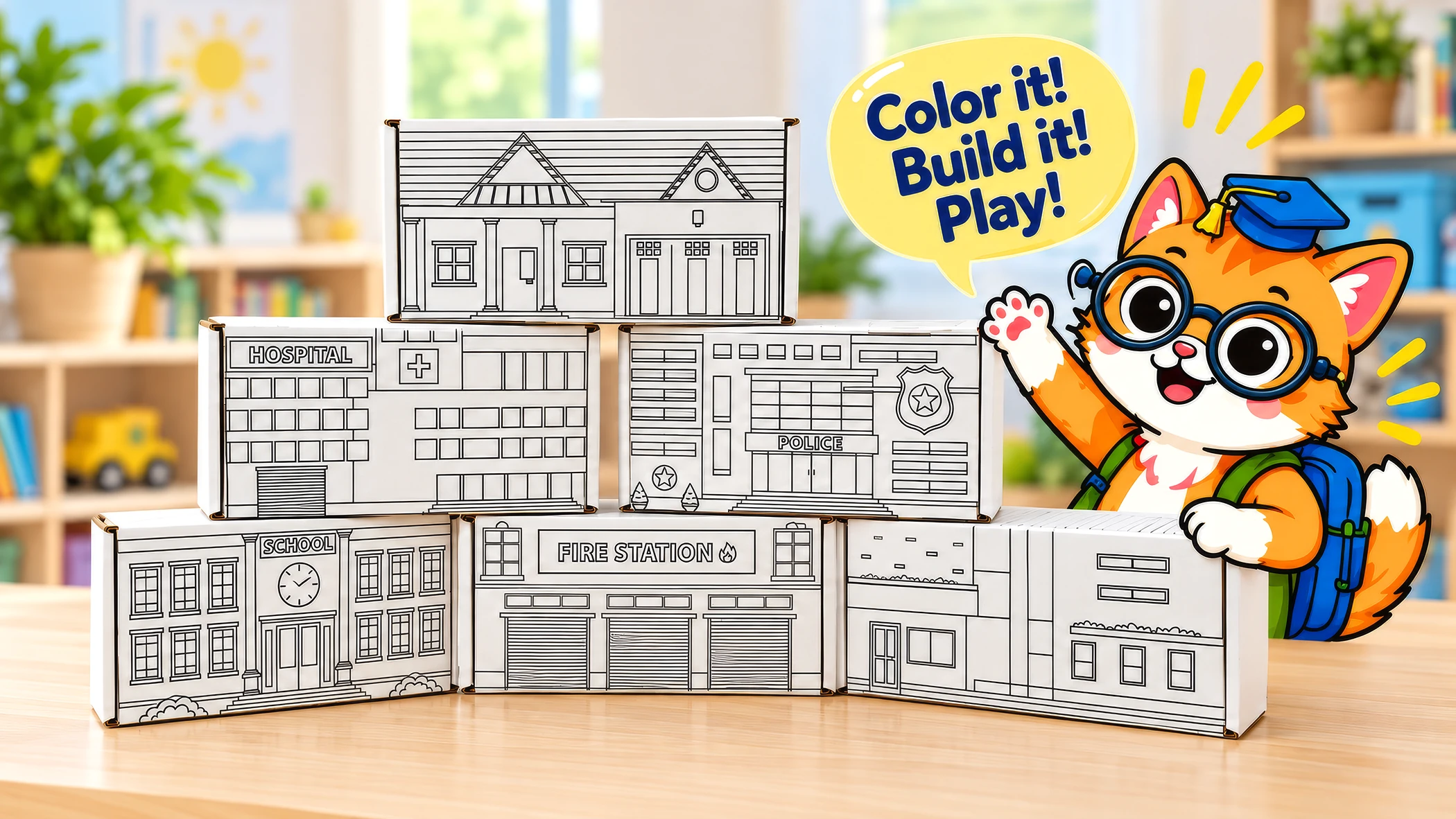 Six uncolored Smarty Fun buildings with colorful Smarty Cat in a playroom