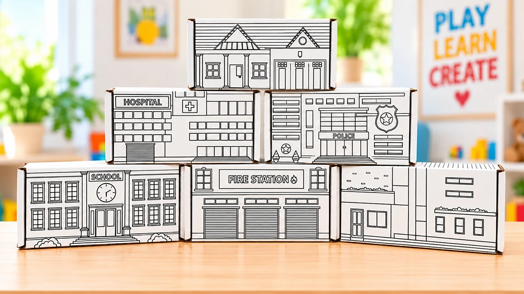 Uncolored buildings arranged together as a town