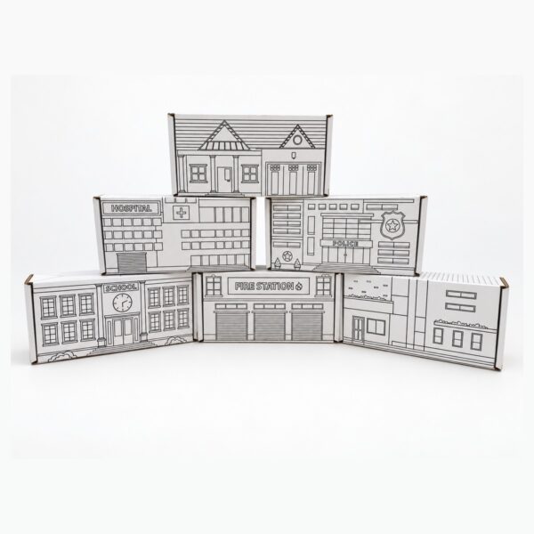 Color & Play Buildings Building Pack 1 — 6 blank color-in cardboard buildings: school, hospital, fire station, police station and two houses, stacked in a pyramid