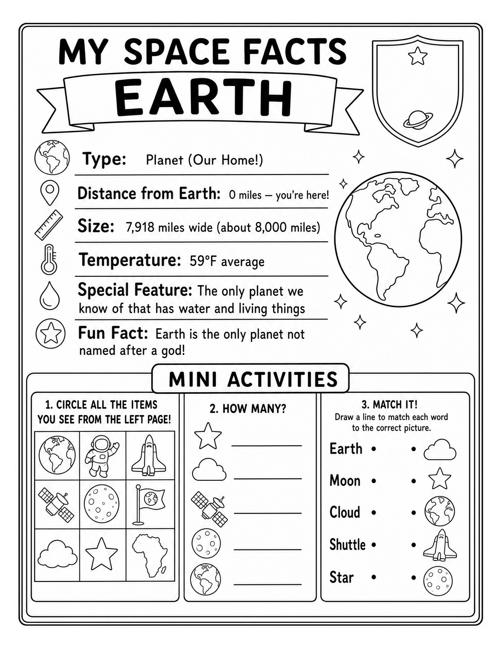 Space facts page for Earth listing distance, size, temperature and a fun fact, with three mini activities