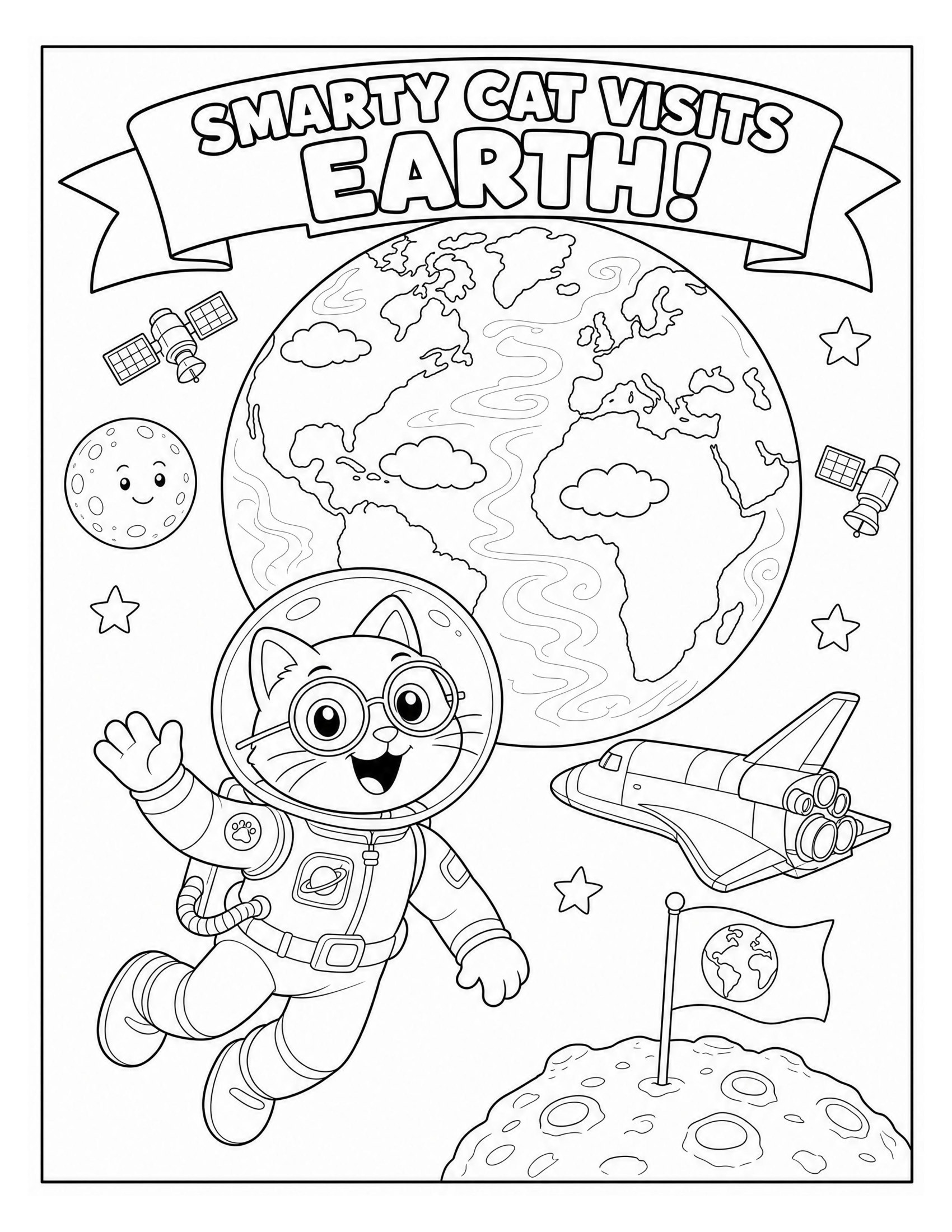 Coloring page from the Outer Space book: Smarty Cat in a spacesuit floating beside Earth with a shuttle and satellites