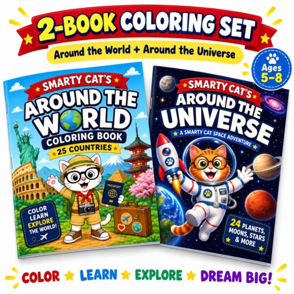 Smarty Cat 2-Book Coloring Set: Around the World and Around the Universe coloring books, ages 5-8